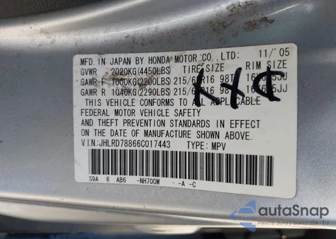 2006 Honda Cr-V Ex from USA, damaged, VIN JHLRD78866C017443